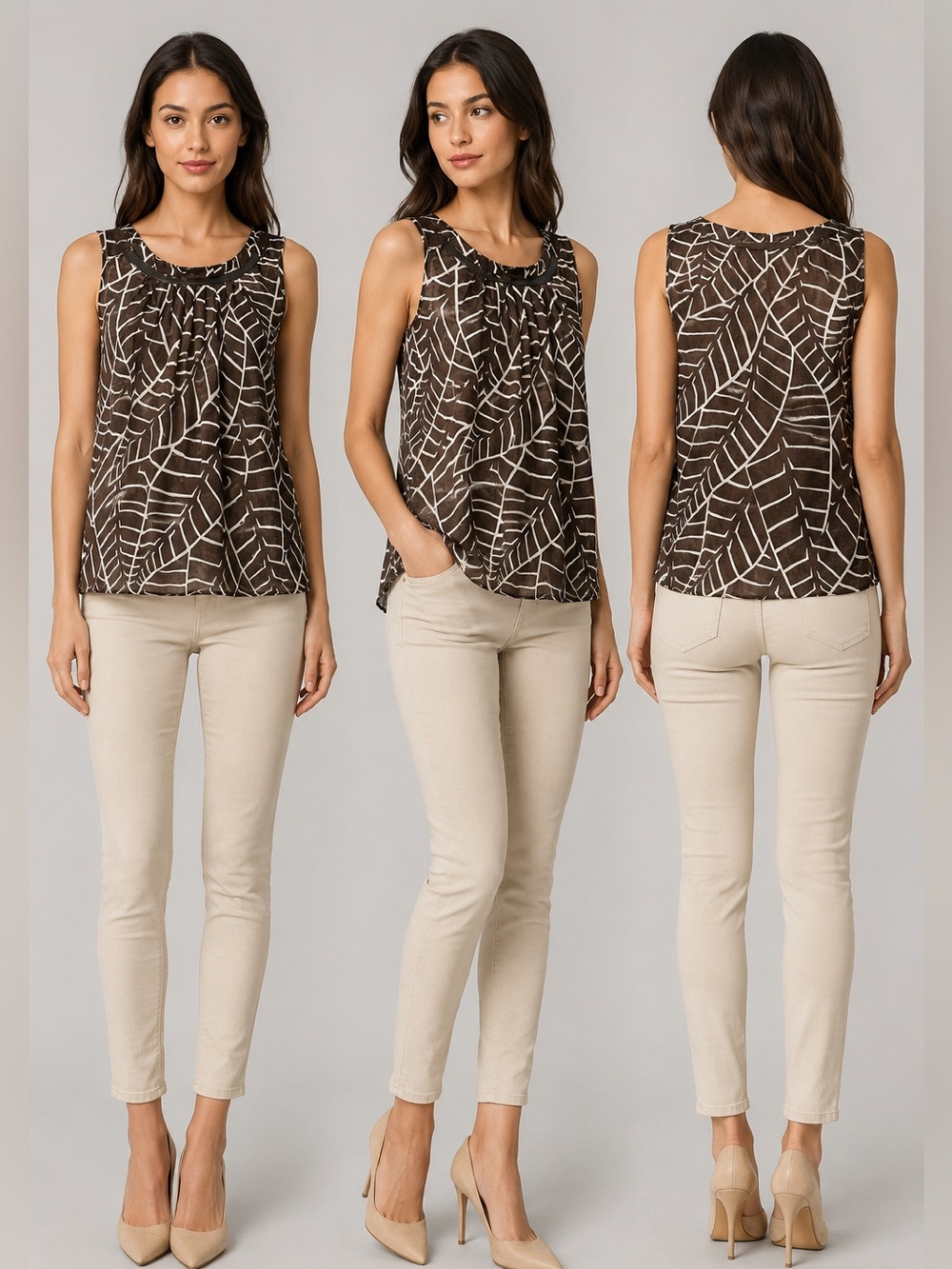 Tory Burch Size 8 Brown Ivory Leaf Print Cotton Sleeveless Blouse Top